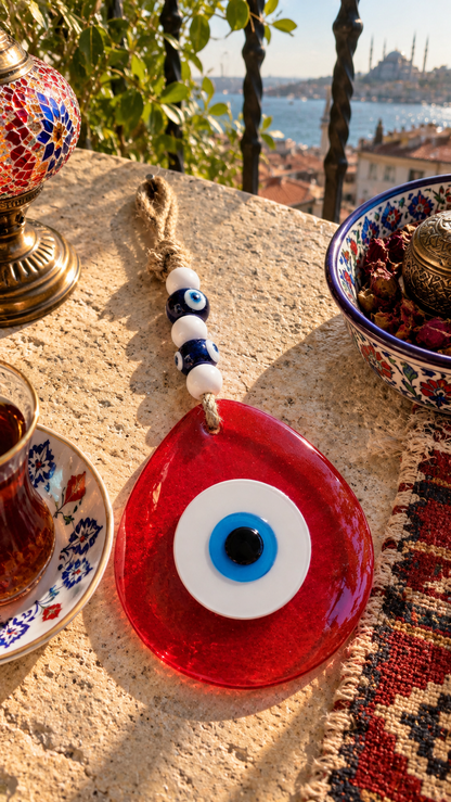 Jumbo Glass Evil Eye Wall Hanging with Beads 10 Inch