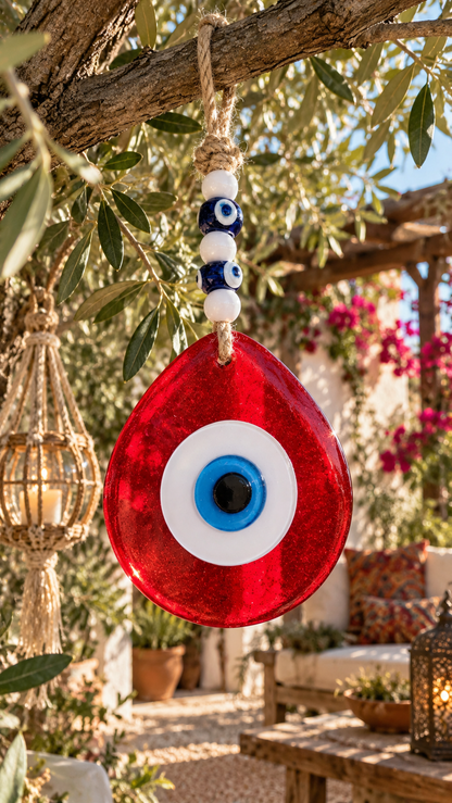 Jumbo Glass Evil Eye Wall Hanging with Beads 10 Inch
