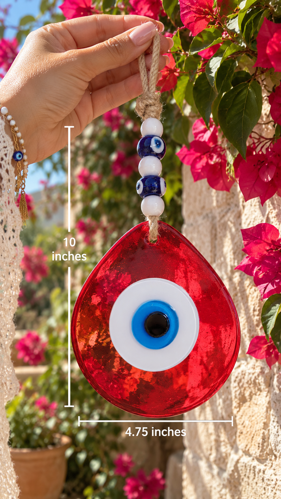 Jumbo Glass Evil Eye Wall Hanging with Beads 10 Inch