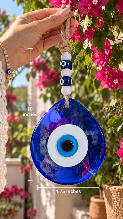 Jumbo Blue Glass Evil Eye Wall Hanging with Beads 10 Inch