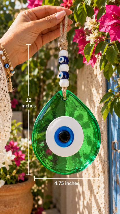 Jumbo Green Glass Evil Eye Wall Hanging with Beads 10 Inch