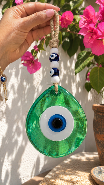 Jumbo Green Glass Evil Eye Wall Hanging with Beads 10 Inch