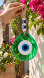 Jumbo Green Glass Evil Eye Wall Hanging with Beads 10 Inch