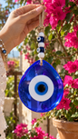 Jumbo Blue Glass Evil Eye Wall Hanging with Beads 10 Inch