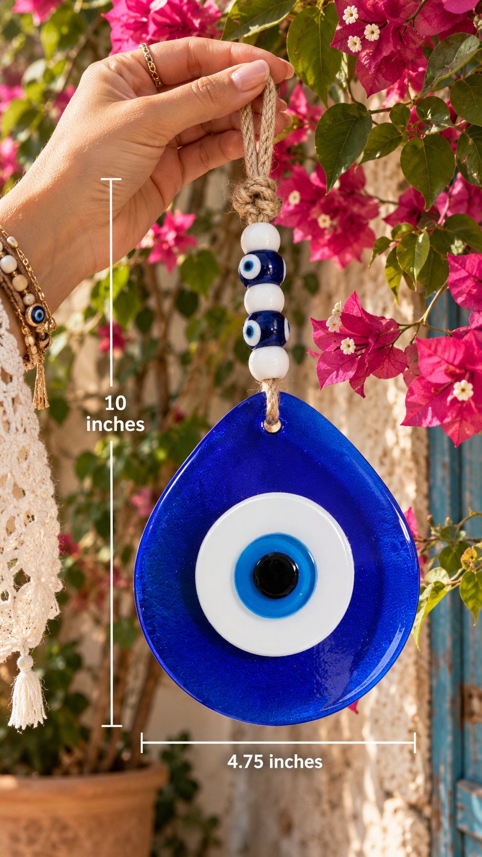 Jumbo Blue Glass Evil Eye Wall Hanging with Beads 10 Inch