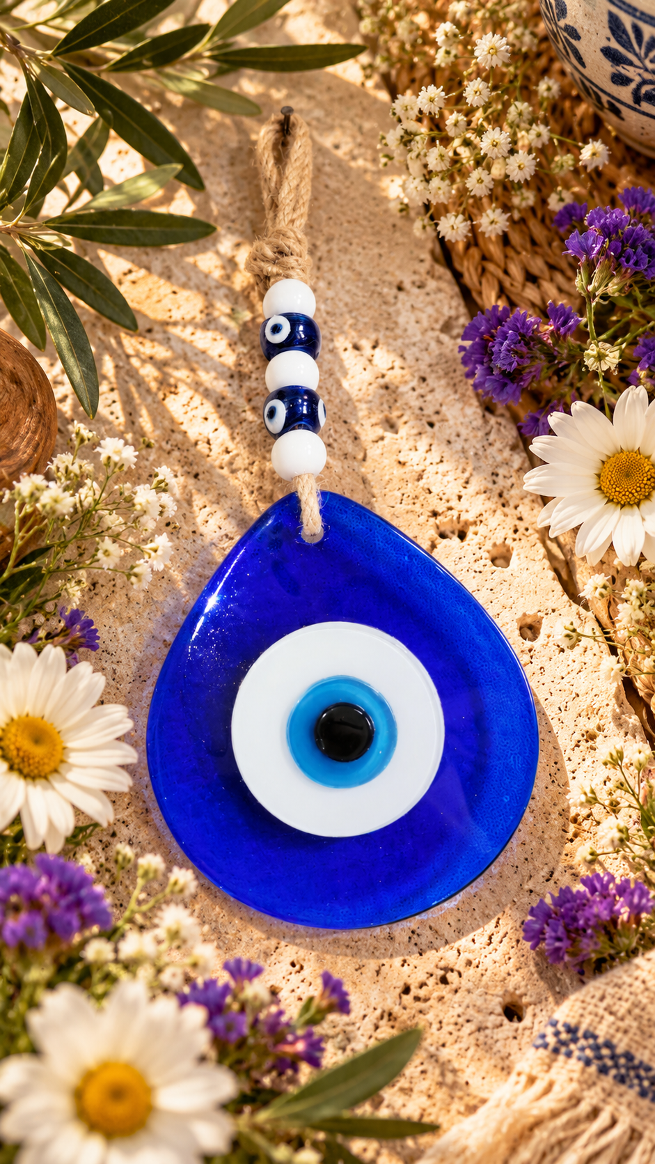 Jumbo Blue Glass Evil Eye Wall Hanging with Beads 10 Inch