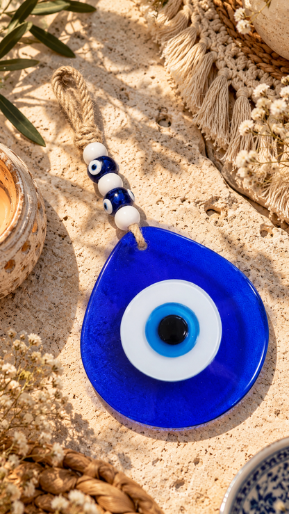 Jumbo Blue Glass Evil Eye Wall Hanging with Beads 10 Inch