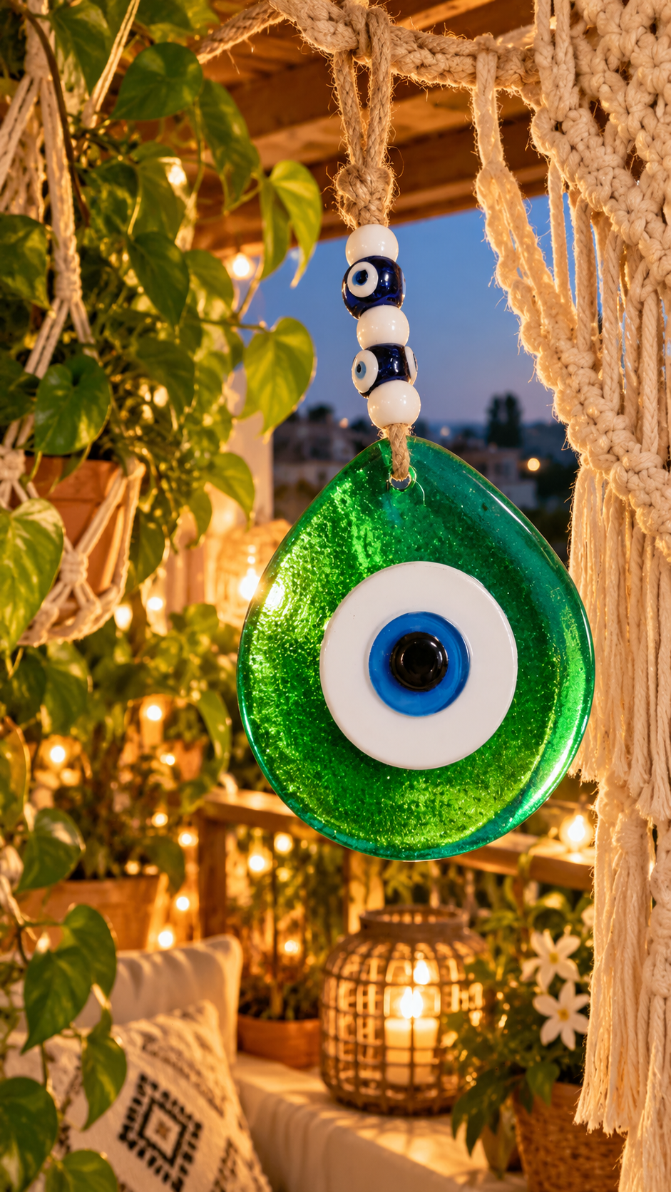 Jumbo Green Glass Evil Eye Wall Hanging with Beads 10 Inch