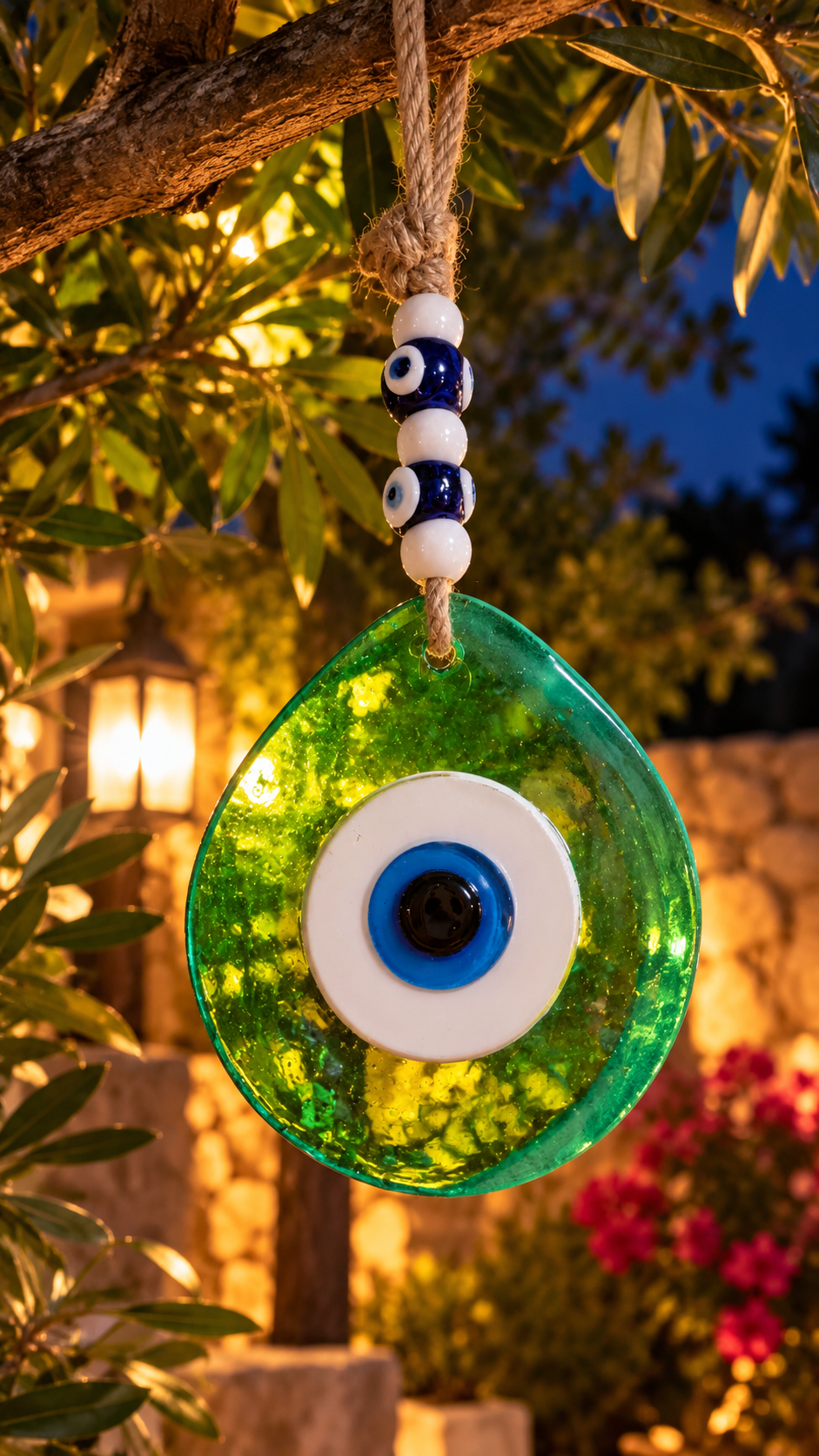 Jumbo Green Glass Evil Eye Wall Hanging with Beads 10 Inch