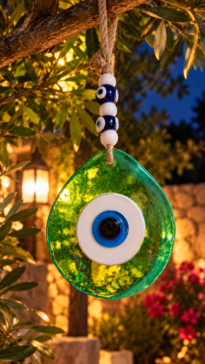 Jumbo Green Glass Evil Eye Wall Hanging with Beads 10 Inch