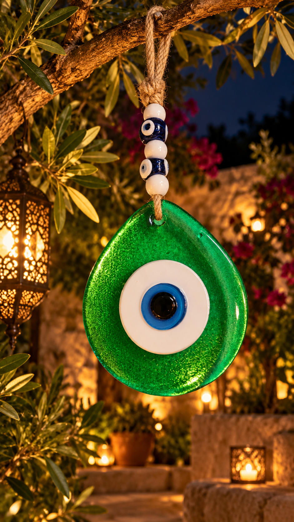 Jumbo Green Glass Evil Eye Wall Hanging with Beads 10 Inch