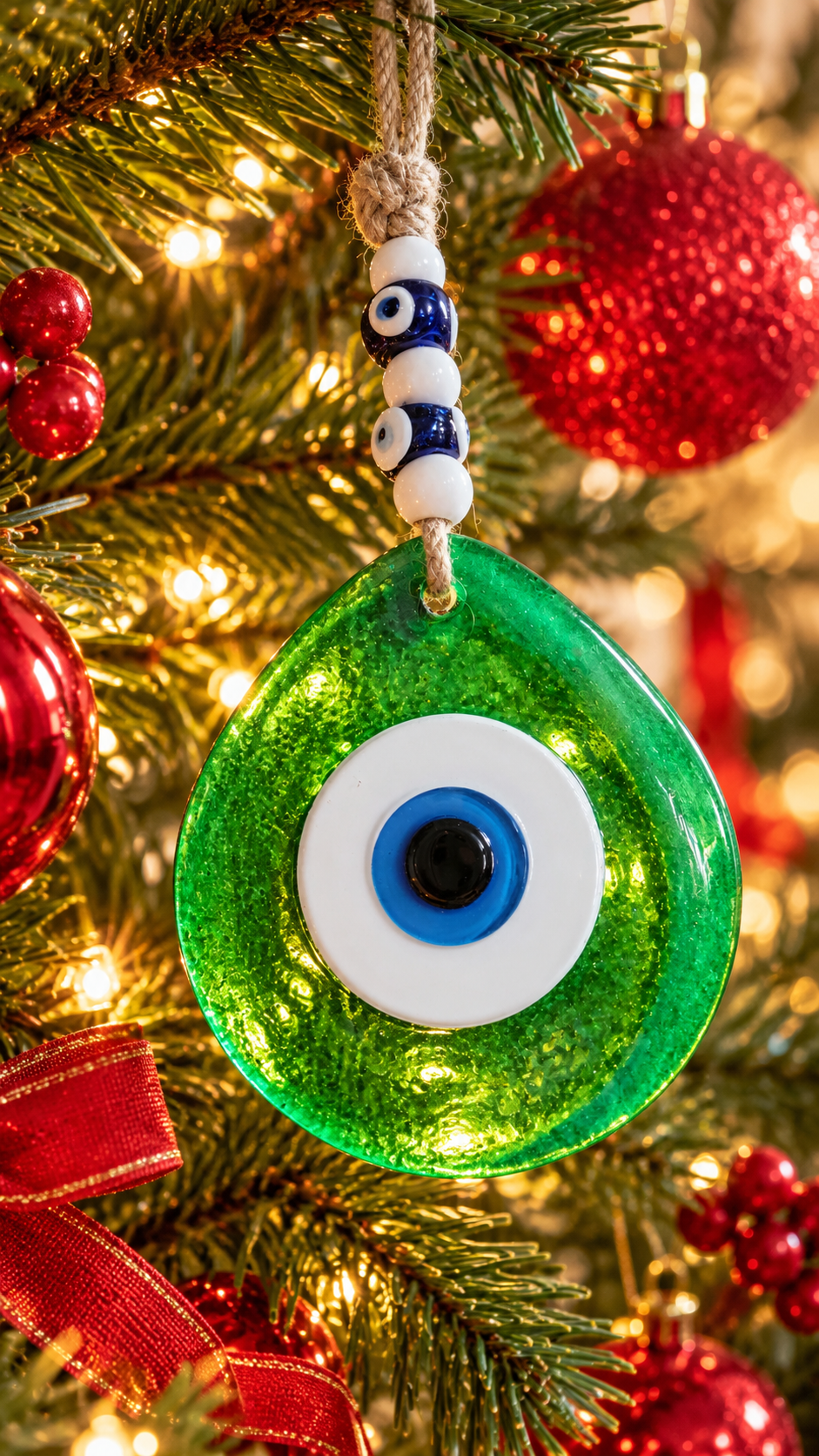 Jumbo Green Glass Evil Eye Wall Hanging with Beads 10 Inch