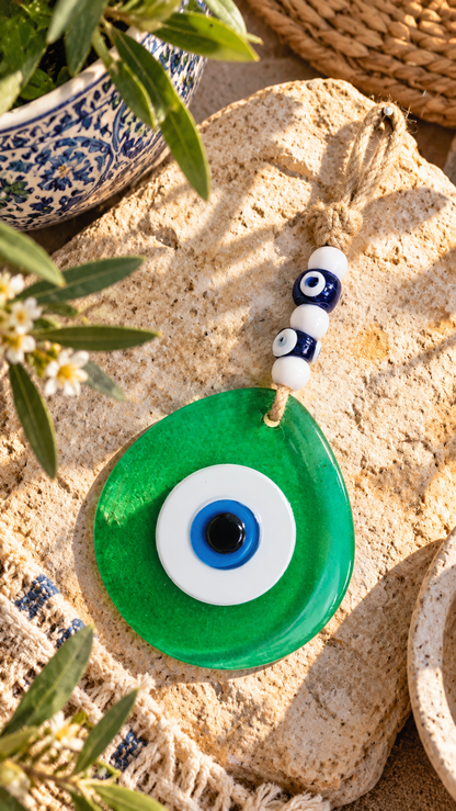 Jumbo Green Glass Evil Eye Wall Hanging with Beads 10 Inch