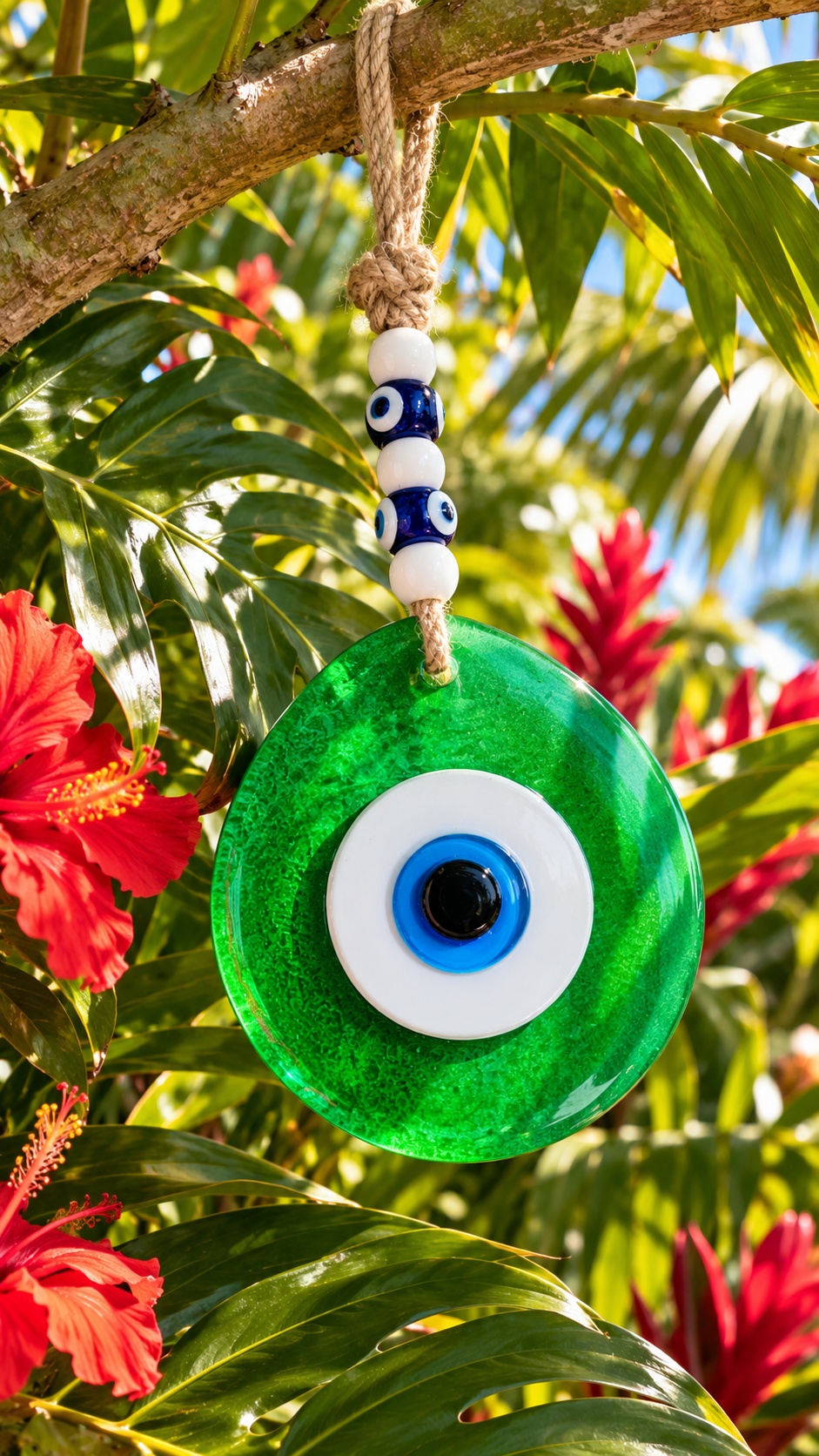 Jumbo Green Glass Evil Eye Wall Hanging with Beads 10 Inch