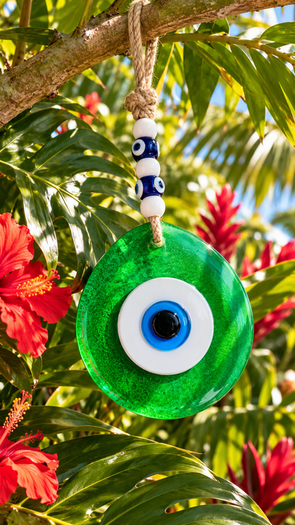 Jumbo Green Glass Evil Eye Wall Hanging with Beads 10 Inch