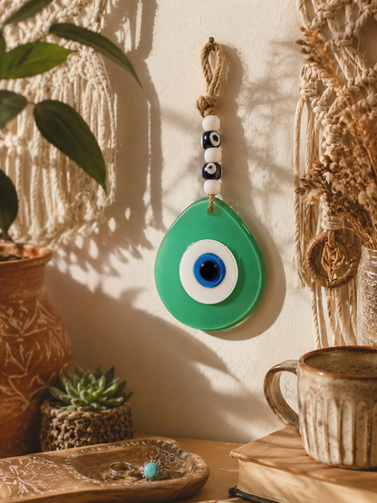 Jumbo Size Hand Blown Glass Evil Eye Wall Hanging with Beads