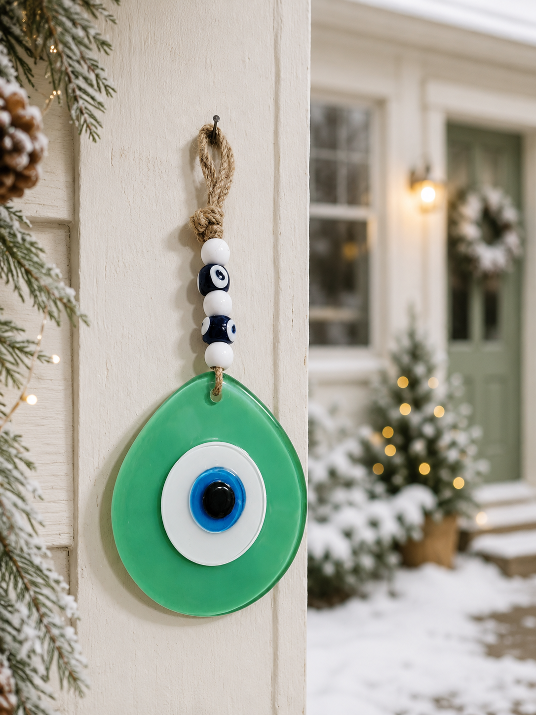Jumbo Size Hand Blown Glass Evil Eye Wall Hanging with Beads