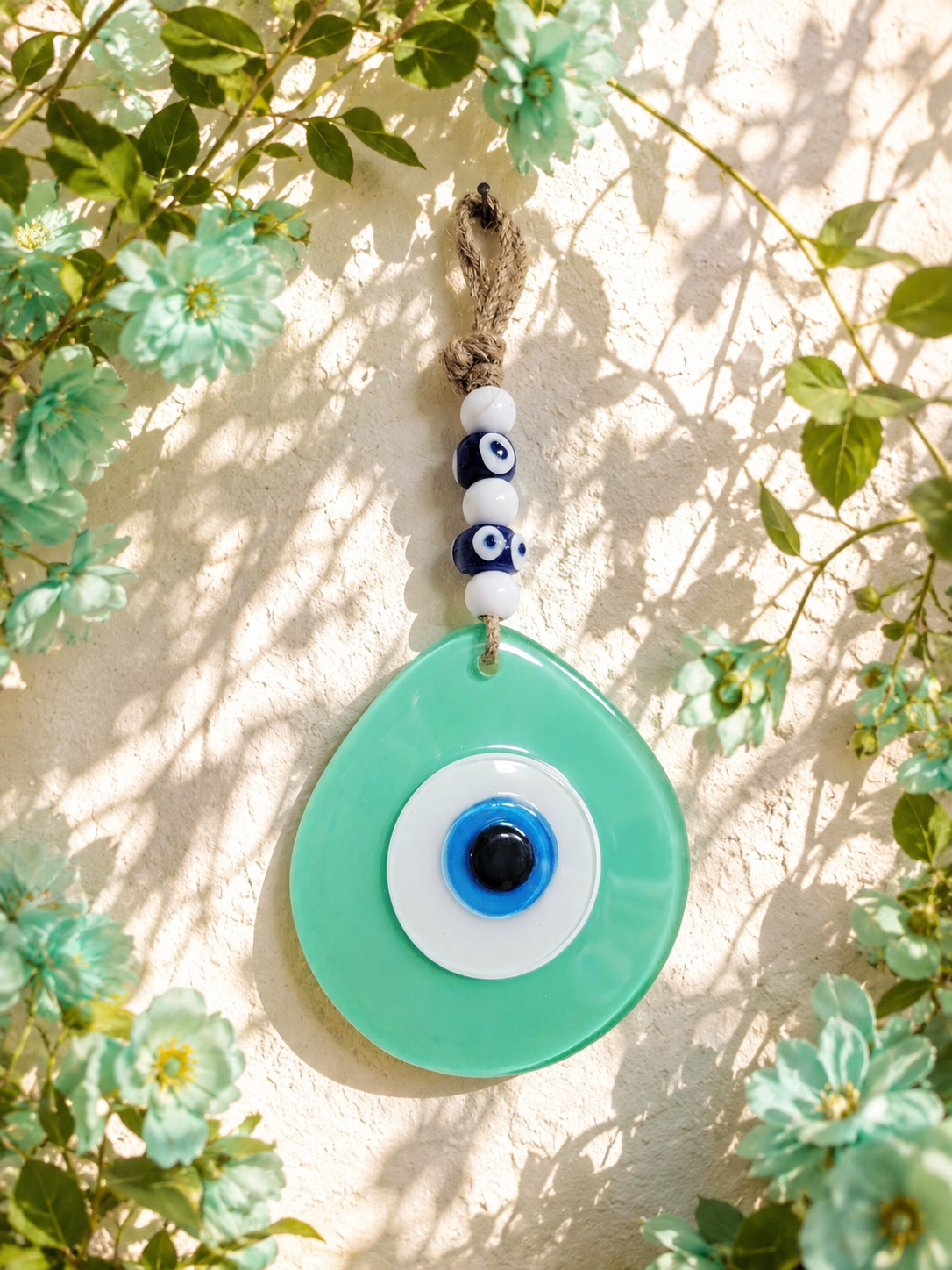 Jumbo hand blown glass evil eye wall hanging with beads