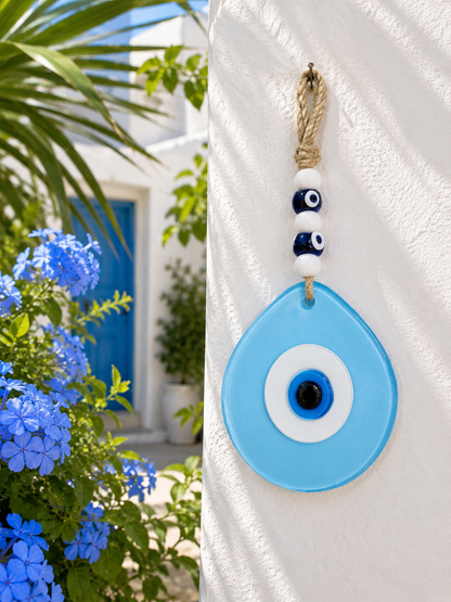 Jumbo hand blown glass evil eye wall hanging with beads