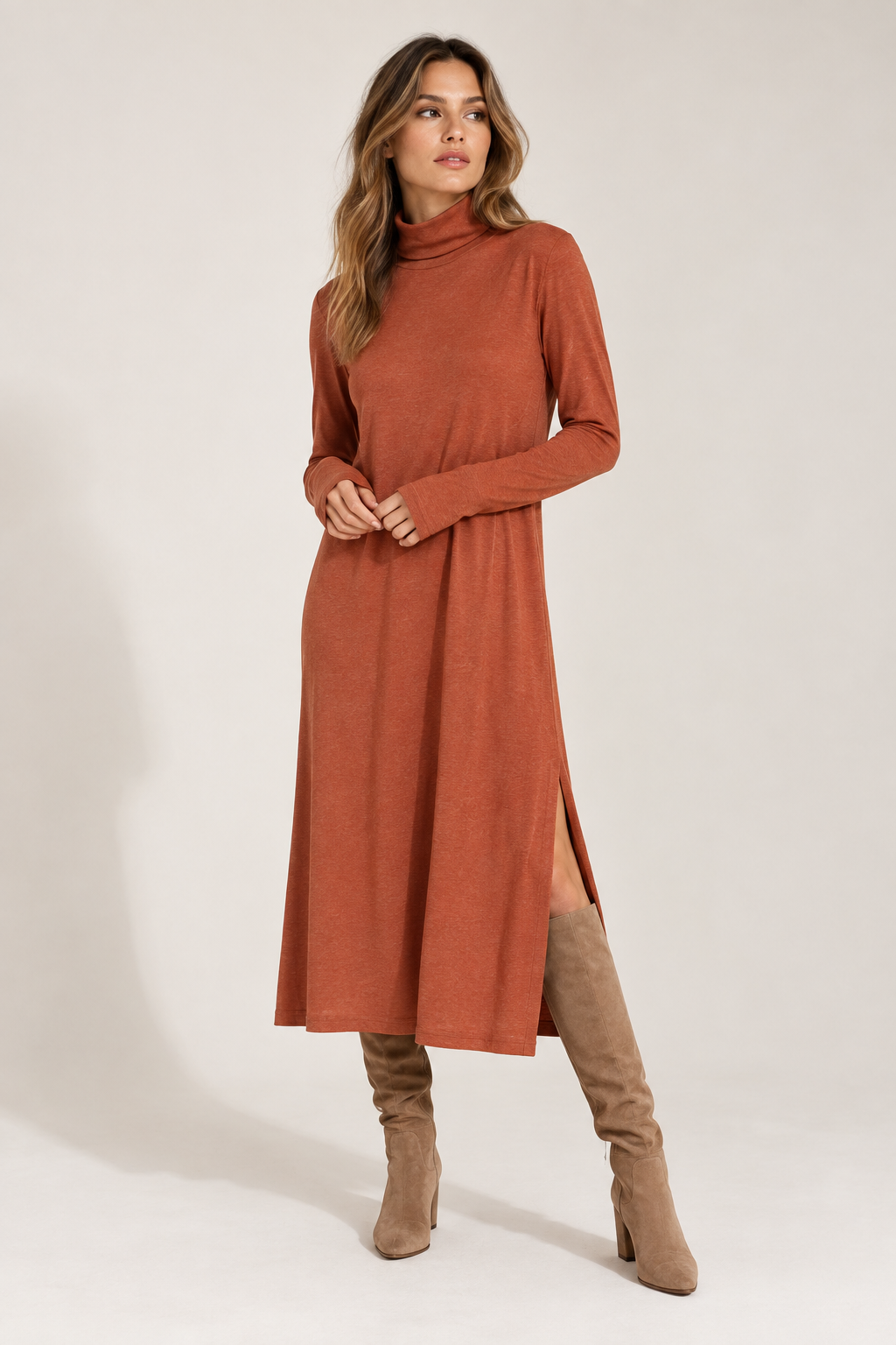 Womens Turtleneck Midi Dress Long Sleeve A Line Side Slit Dress