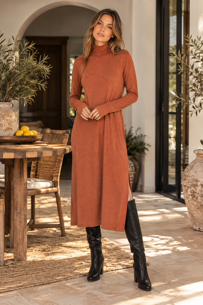 Womens Turtleneck Midi Dress Long Sleeve A Line Side Slit Dress