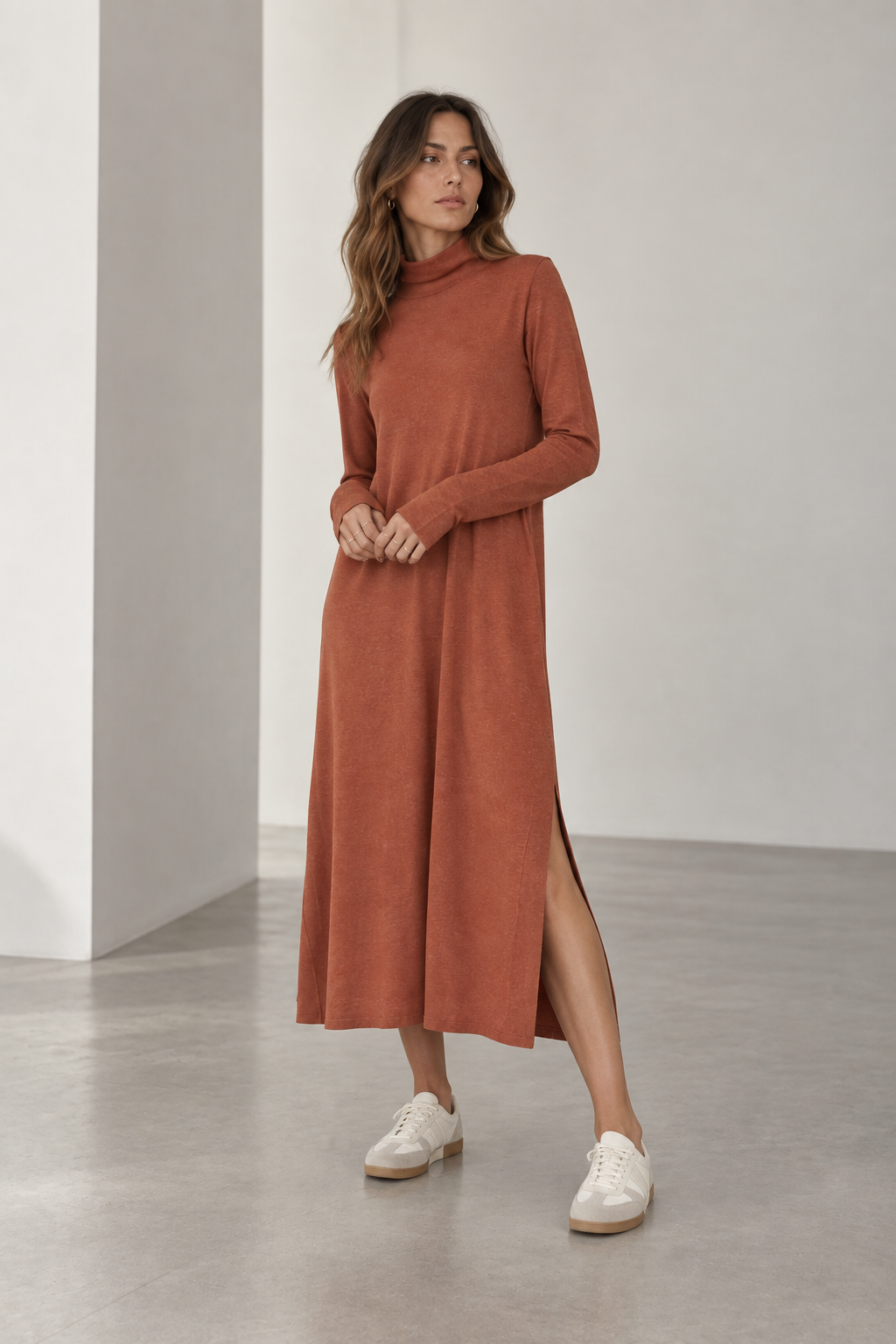 Womens Turtleneck Midi Dress Long Sleeve A Line Side Slit Dress