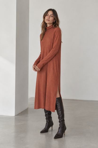 Womens Turtleneck Midi Dress Long Sleeve A Line Side Slit Dress