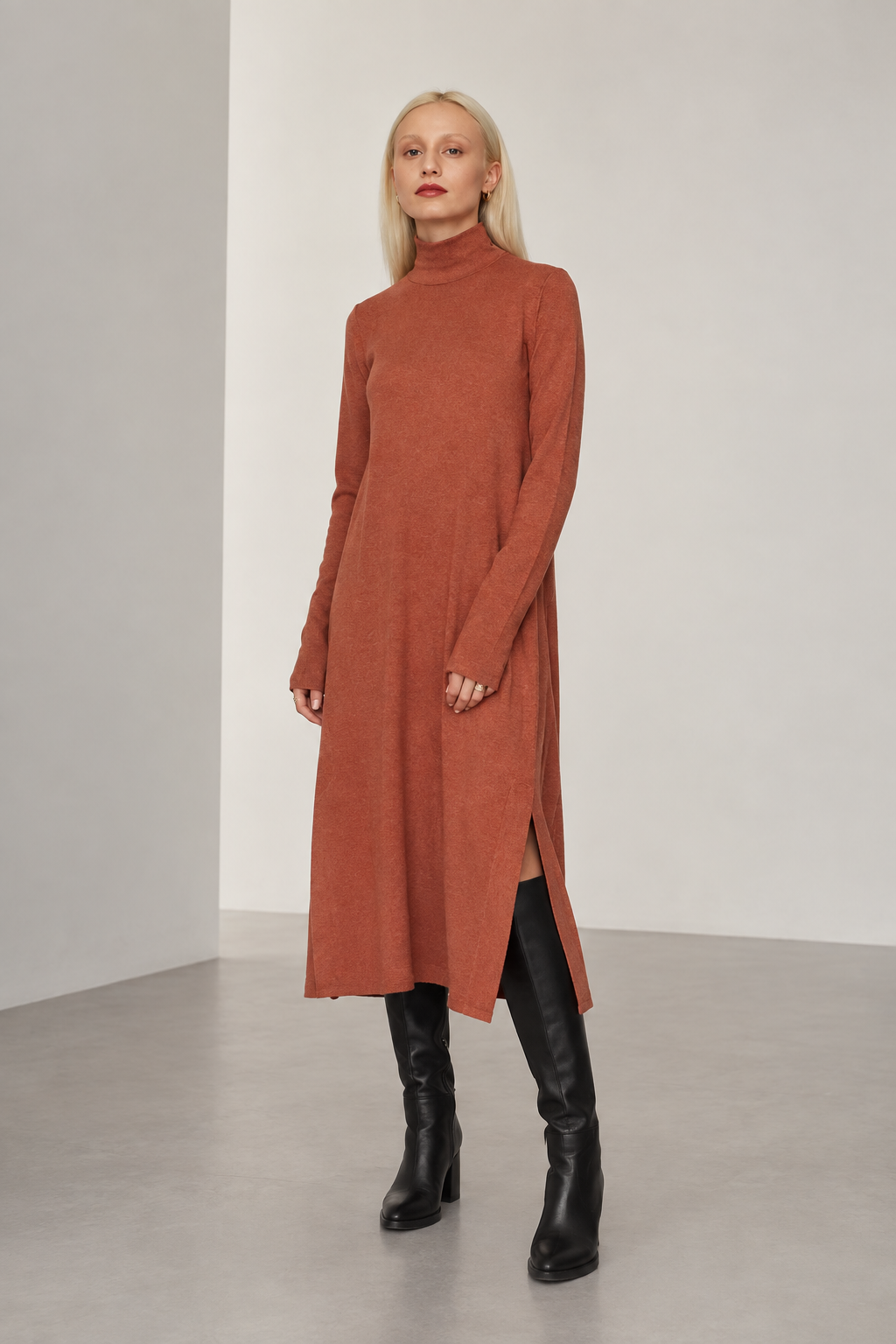 Womens Turtleneck Midi Dress Long Sleeve A Line Side Slit Dress