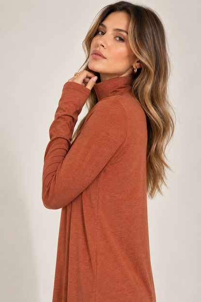 Womens Turtleneck Midi Dress Long Sleeve A Line Side Slit Dress