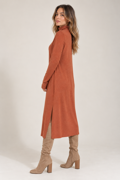 Womens Turtleneck Midi Dress Long Sleeve A Line Side Slit Dress