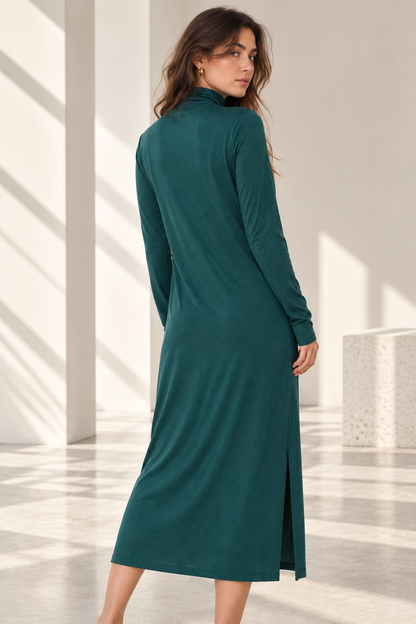 Womens Turtleneck Midi Dress Long Sleeve A Line Side Slit Dress