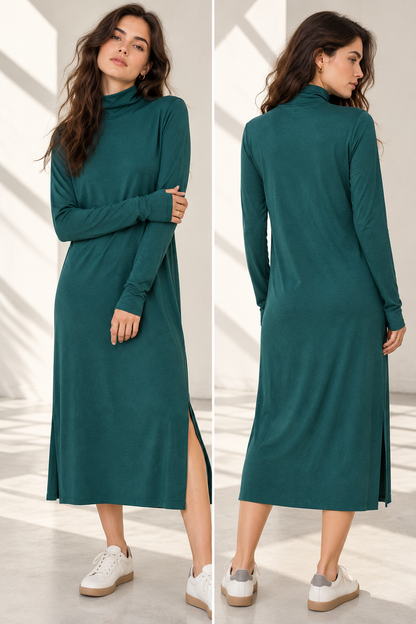 Womens Turtleneck Midi Dress Long Sleeve A Line Side Slit Dress