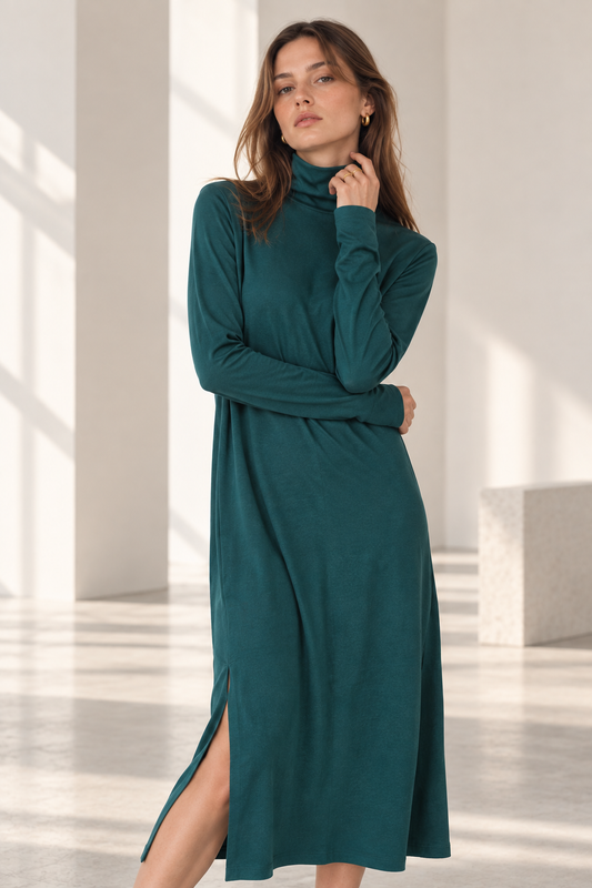 Womens Turtleneck Midi Dress Long Sleeve A Line Side Slit Dress