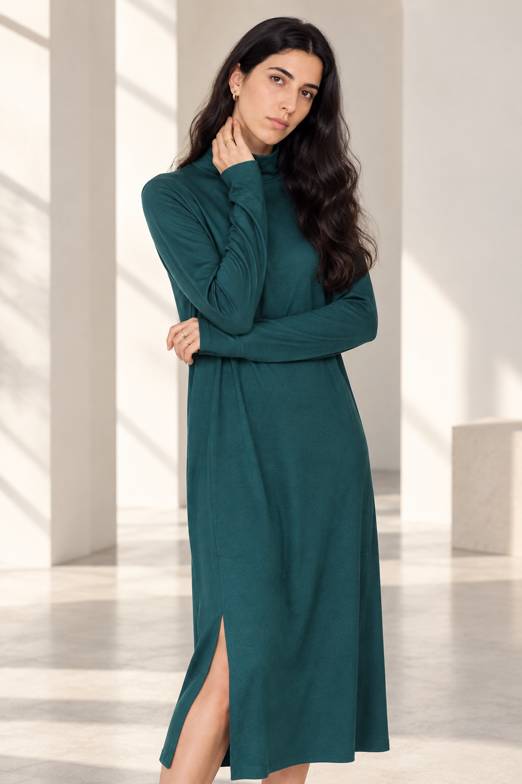 Womens Turtleneck Midi Dress Long Sleeve A Line Side Slit Dress
