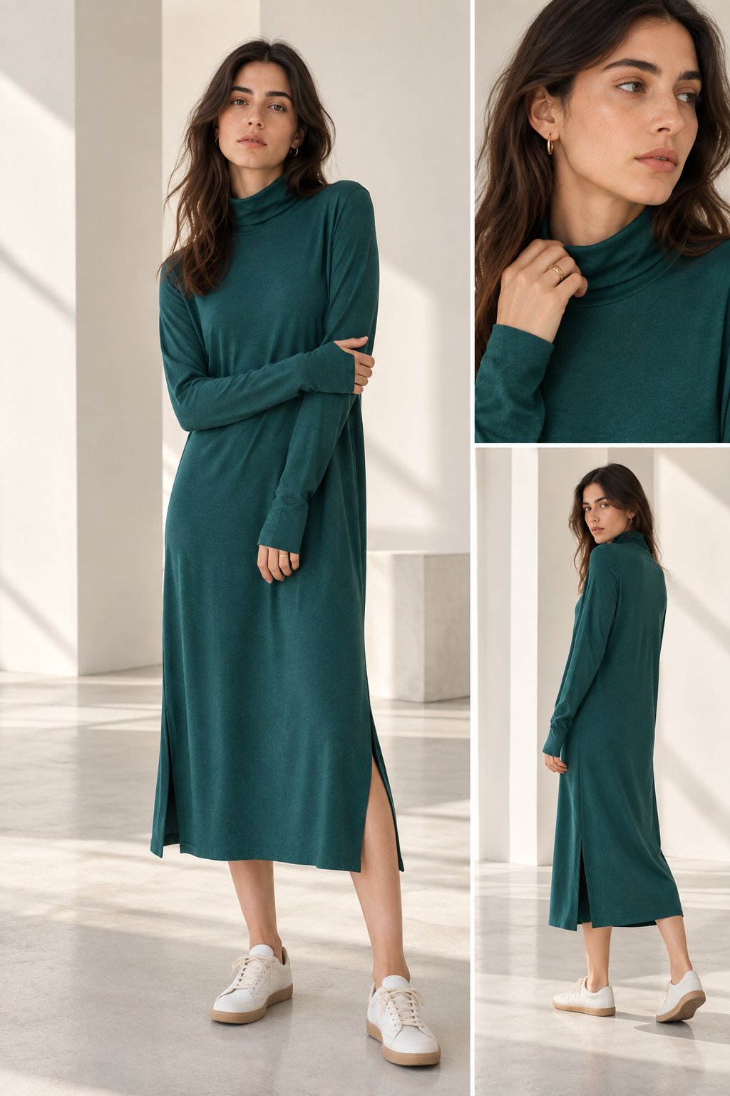 Womens Turtleneck Midi Dress Long Sleeve A Line Side Slit Dress