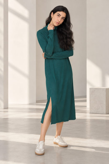Womens Turtleneck Midi Dress Long Sleeve A Line Side Slit Dress