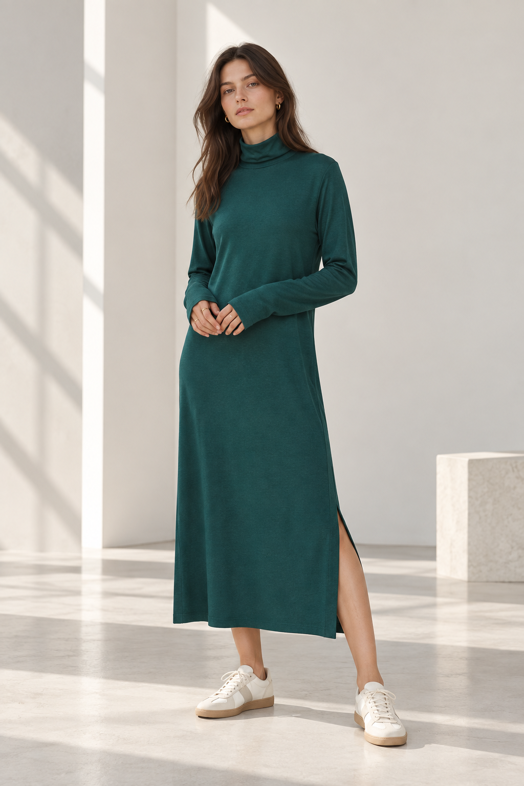 Womens Turtleneck Midi Dress Long Sleeve A Line Side Slit Dress