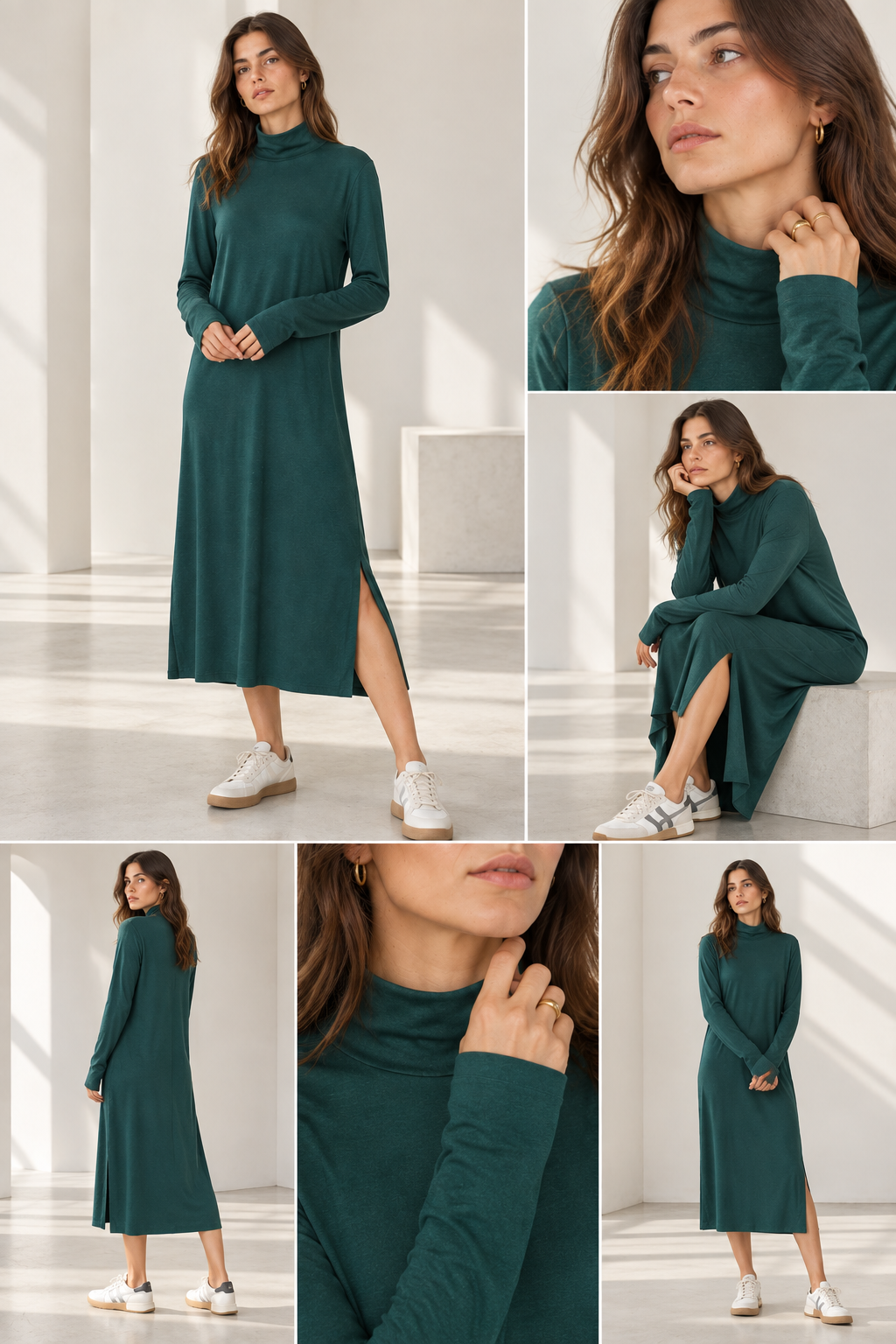 Womens Turtleneck Midi Dress Long Sleeve A Line Side Slit Dress