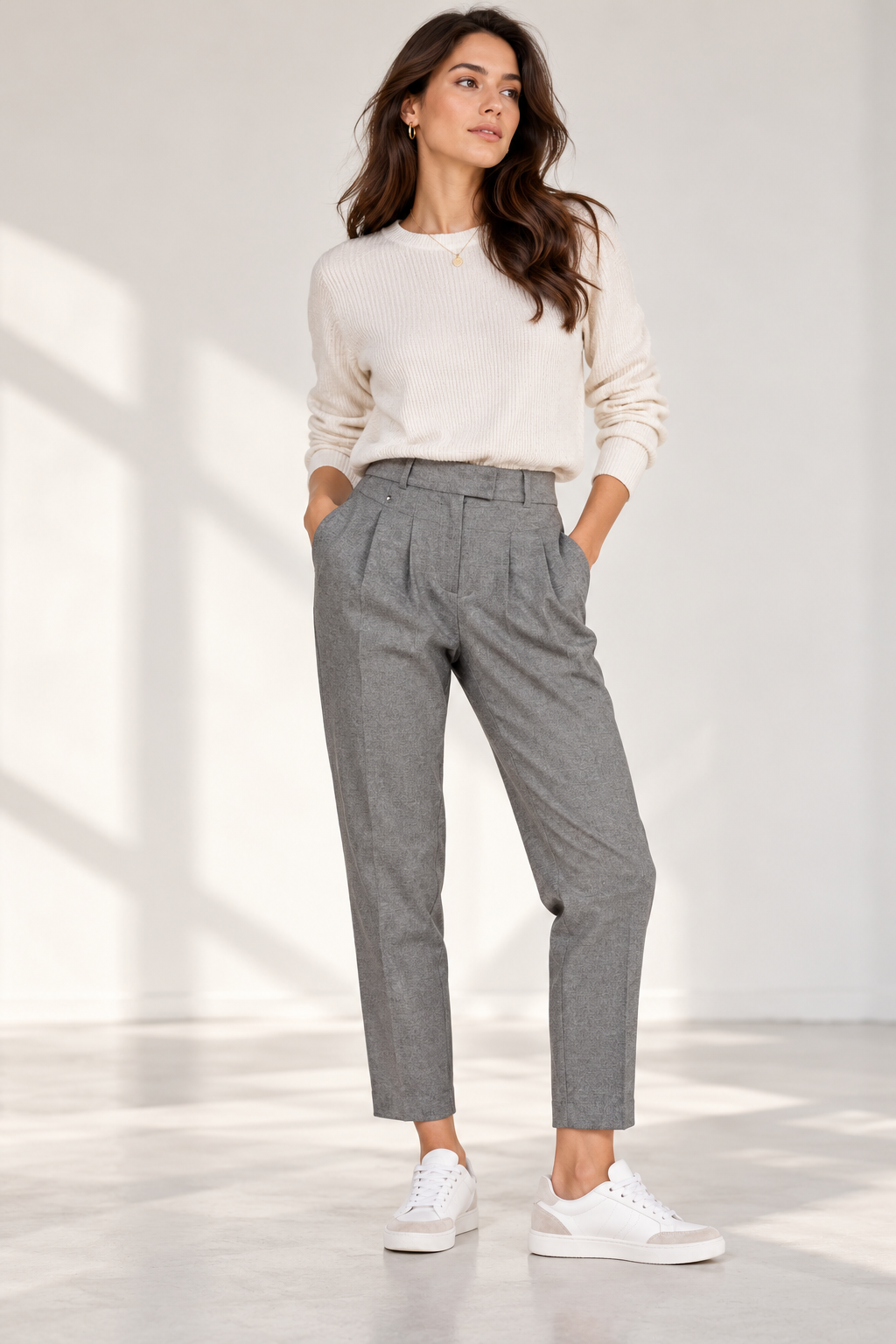 Women's Tailored Gray Trousers High Waist Cropped Dress Pants
