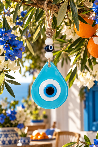 Teardrop Evil Eye Wall Hanging Glass Mediterranean Home Decor Matte Aqua