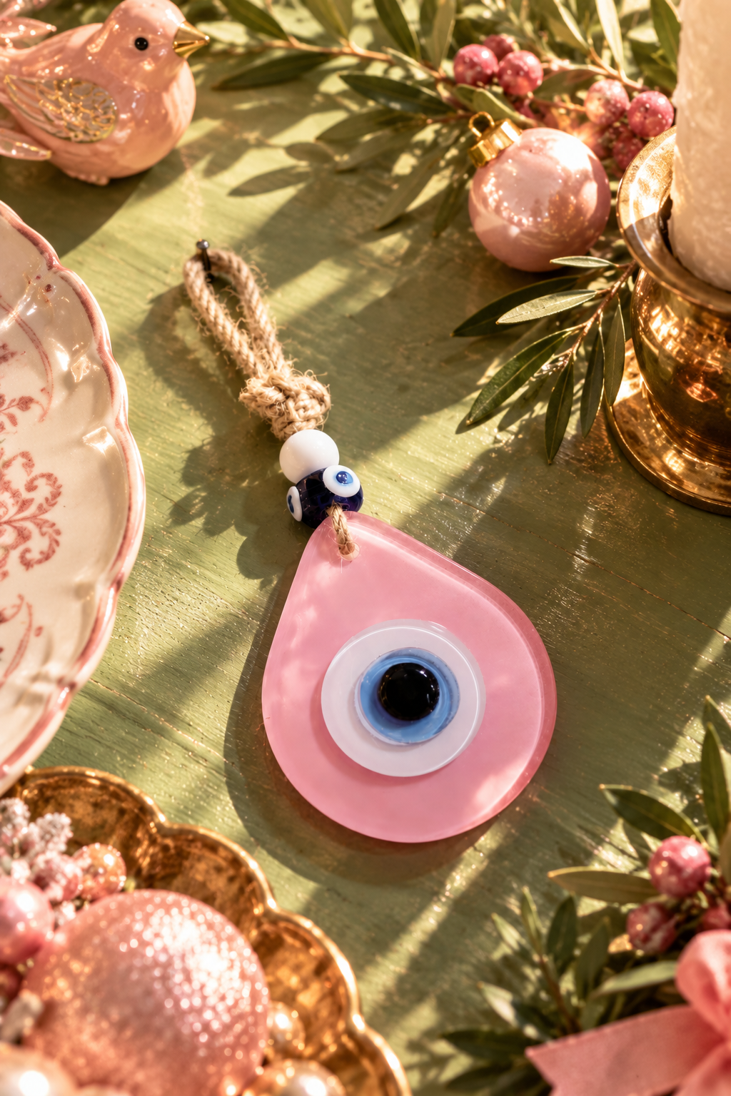 Teardrop Evil Eye Wall Hanging Glass Mediterranean Home Decor Matte Pink