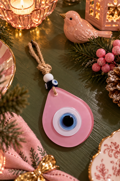 Teardrop Evil Eye Wall Hanging Glass Mediterranean Home Decor Matte Pink