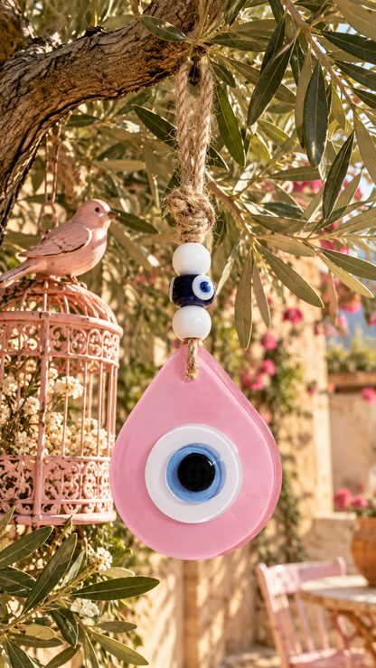 Teardrop Evil Eye Wall Hanging Glass Mediterranean Home Decor Matte Pink