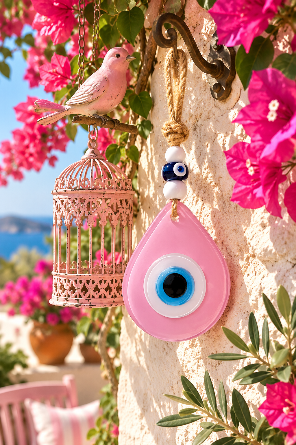 Teardrop Evil Eye Wall Hanging Glass Mediterranean Home Decor Matte Pink