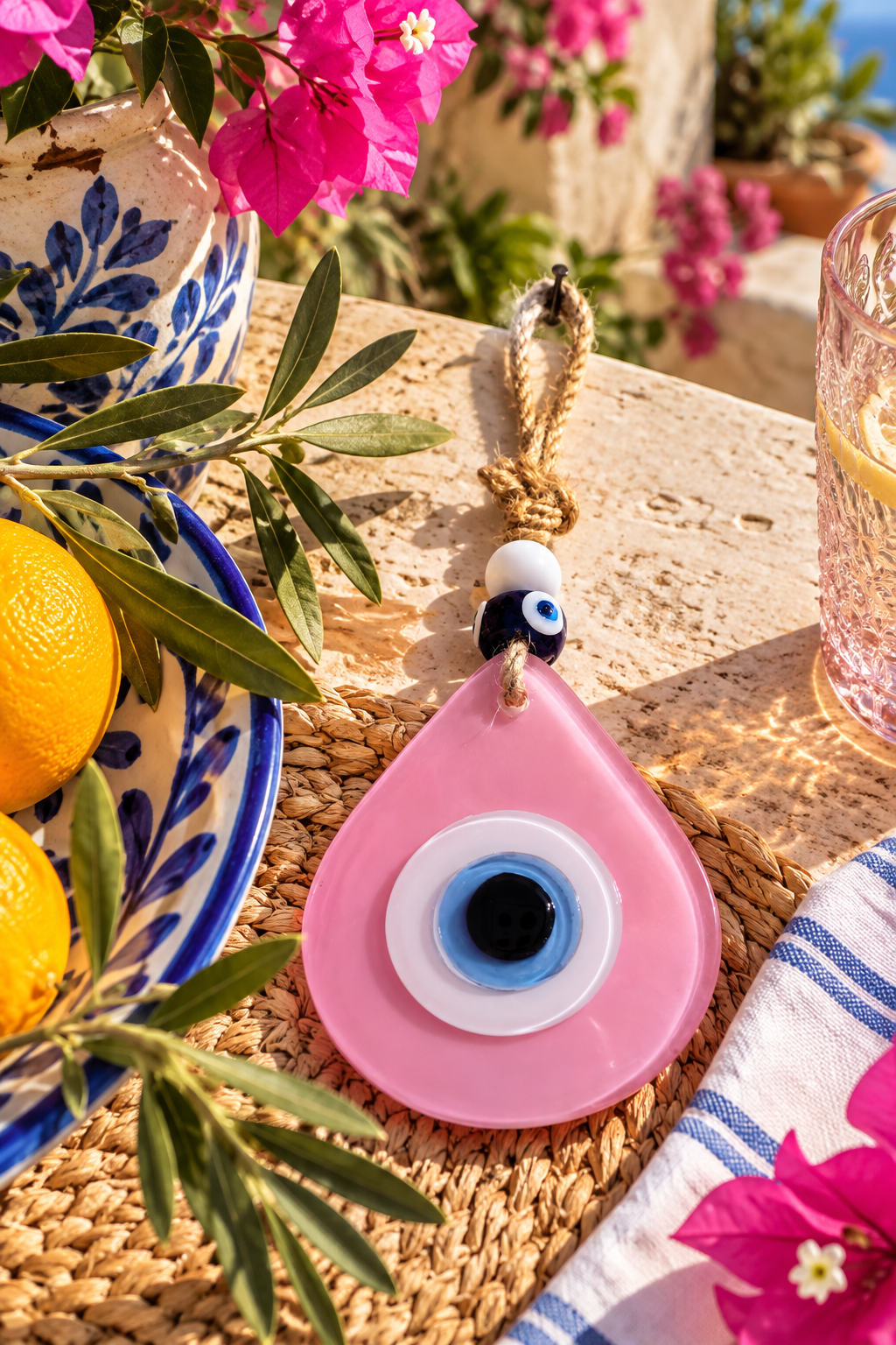 Teardrop Evil Eye Wall Hanging Glass Mediterranean Home Decor Matte Pink