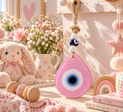 Teardrop Evil Eye Wall Hanging Glass Mediterranean Home Decor Matte Pink