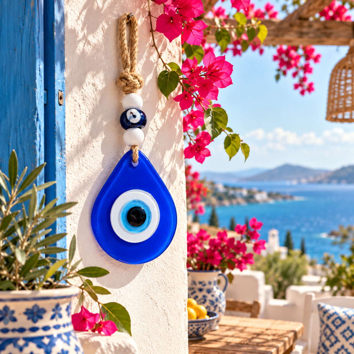 Teardrop Evil Eye Wall Hanging Glass Mediterranean Home Decor Matte Blue