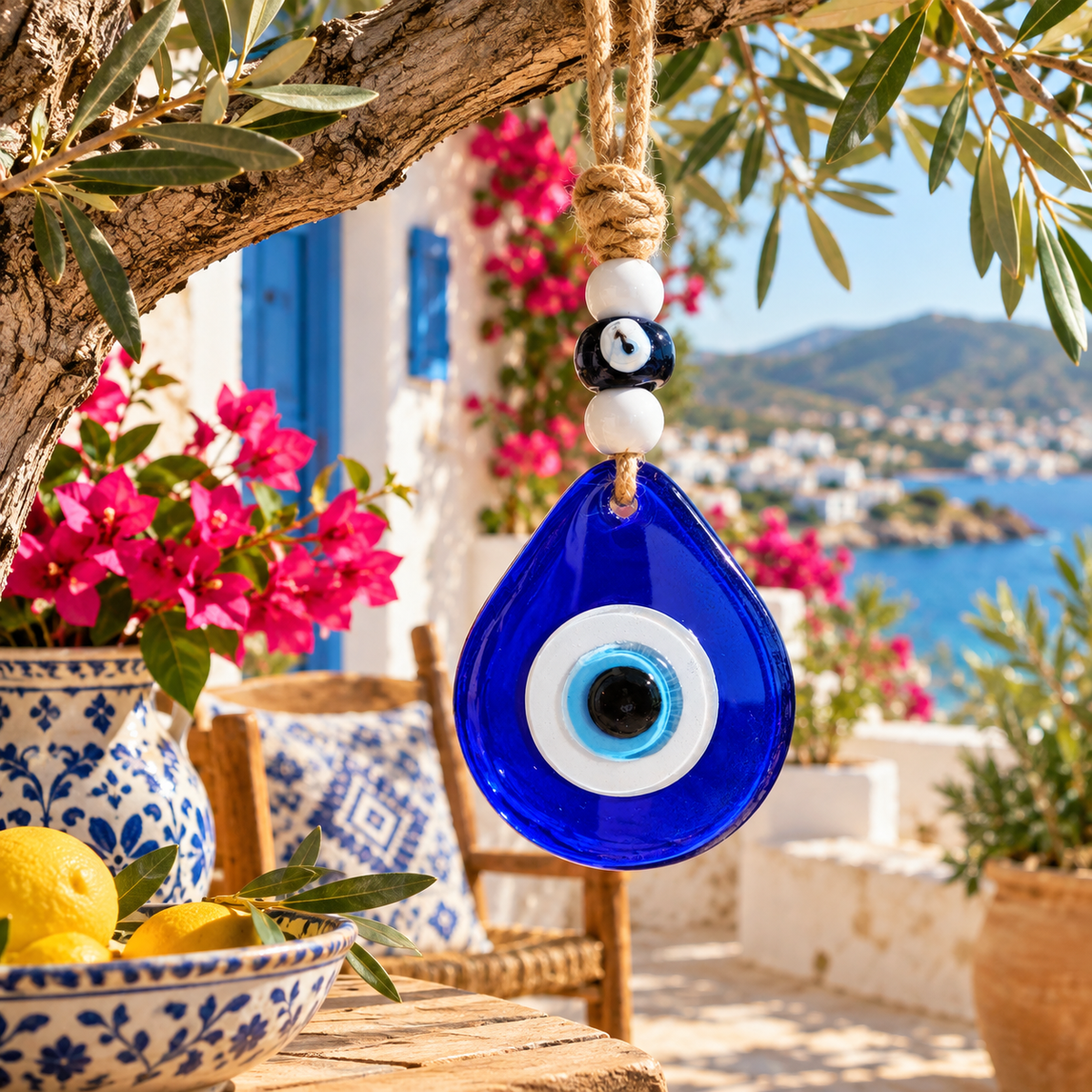 Teardrop Evil Eye Wall Hanging Glass Mediterranean Home Decor Matte Blue