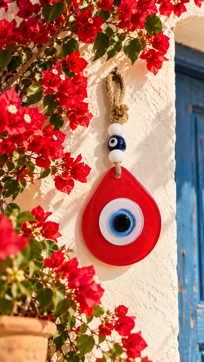 Teardrop Evil Eye Wall Hanging Glass Mediterranean Home Decor Matte Red