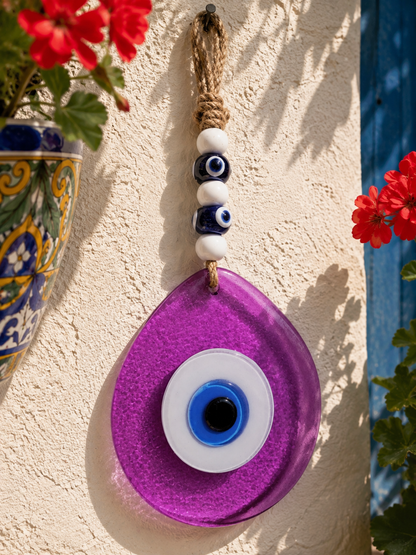 Jumbo Size Pink Hand Blown Glass Evil Eye Wall Hanging with Beads